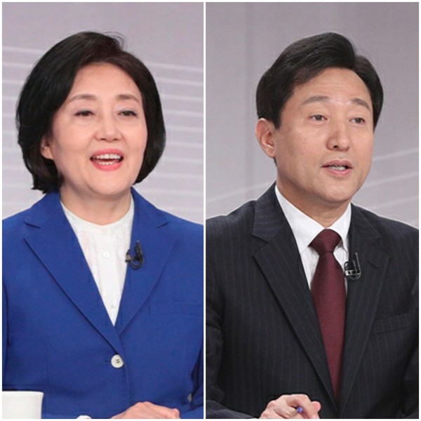 오세훈 국민의힘 서울시장 후보와 박영선 더불어민주당 서울시장 후보가 30일 오후 서울 여의도 KBS에서 열린 서울시장 보궐선거 후보자 초청 토론회에서 인사말을 하고 있다. (사진= KBS 방송 갈무리)