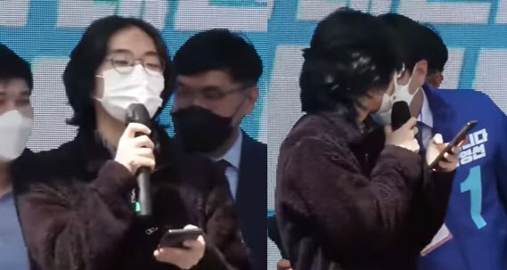 ▲ 박영선 더불어민주당 서울시장 후보가 1일 서울 양천구 목동오거리에서 열린 집중유세에 미성년자 강군이 박영선 지지 발언을 하고 있다.