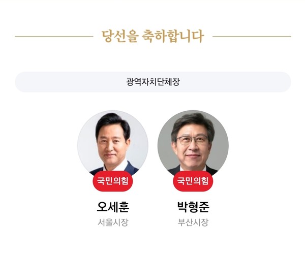 당선 확정된 국민의힘/서울시장 오세훈, 부산시장 박형준