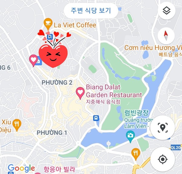 좌측 위 큰 하트가 꾸득 식당의 위치임 