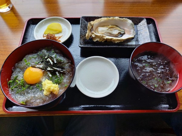 활어로 맛보는 시라스 돈(生しらす丼）. 굴 하나 포함에 미소시루 종류를 바꿔 1500엔(한화 약 15,000원)에서 1650엔 @뉴스코리아 김경전 특파원
