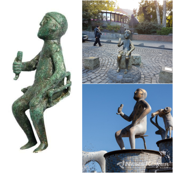 왼쪽이 바니에서 기원전 발견된 타마다상 오른쪽 위가 트빌리시 타마다 동상 , 오른쪽 아래는 쿠타이시 타마다 동상 @뉴스코리아 박철호 특파원