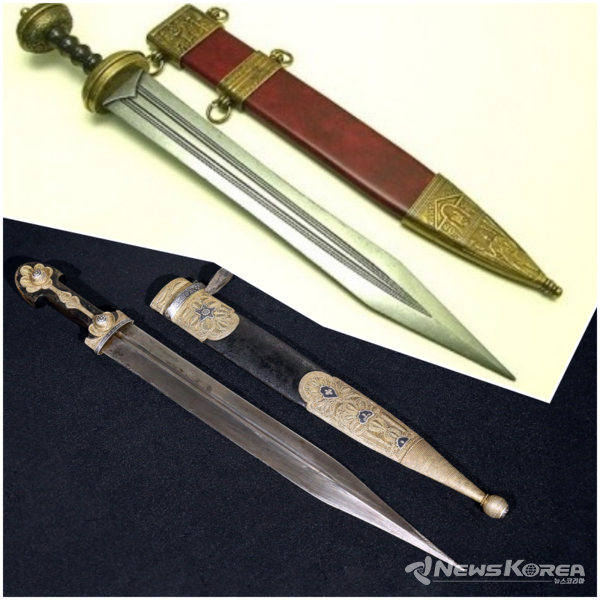 아래 조지아 전통칼 힌잘리와 위 로마 병사의 칼 글라디우스 @뉴스코리아 박철호 특파원