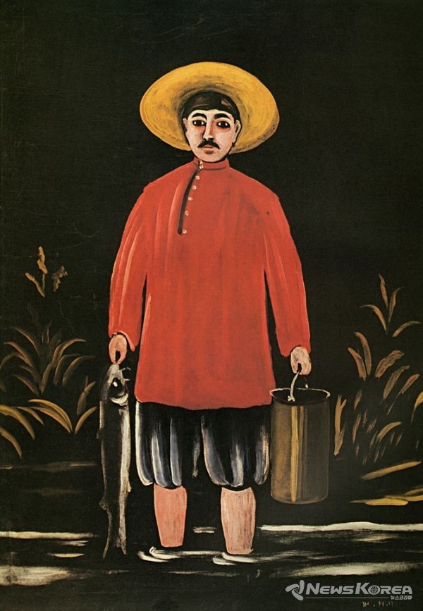 검은색 바탕에 그려진 피로스마니의 대표작중 하나인 "어부" @뉴스코리아 박철호 특파원