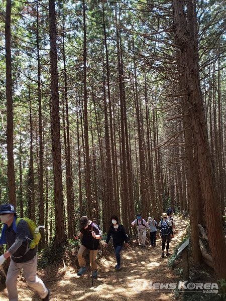 히와다산을 오르는 단체 등산객들 @뉴스코리아 김양현 특파원