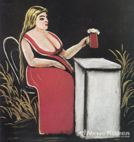 "맥주 마시는 여인 ("마가리타' ) 캔버스가 구할수 없었던 피로스마니의 그림의 배경은 대부분 검정이다. @뉴스코리아 박철호 특파원