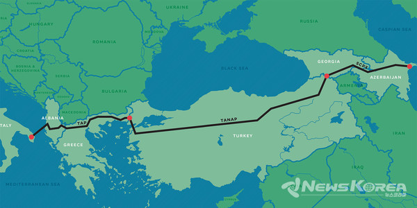 SGC 사업 지도(바쿠 - 조지아 트빌리시- 터키 - 그리스 - 이탈리아로 연결 된다)  @뉴스코리아 박철호 특파원