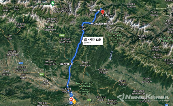 진발리 - 샤틸리로 들어가는 유일한 길인 다트비스 주바리(곰 십자가 고개) - 샤틸리 구글 검색은 트빌리시에서 4시간 가량으로 나오나 실제 구간은 5시간 이상 소요 된다. @뉴스코리아 박철호 특파원