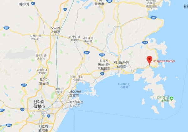 2011.03.11 동북 대지진과 쓰나미의 피해를 입었던 오나가와쵸(女川町) 구글맵 캡쳐 @뉴스코리아 김양현 특파원