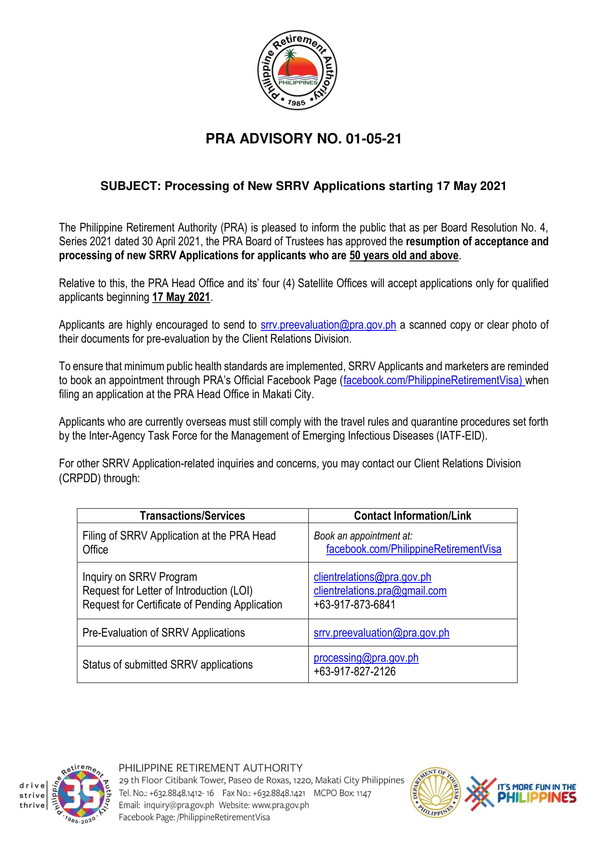 필리핀 은퇴청 5월 17일부로 신규 신청자를 접수한다. 단, 종전 35세 이상 신청자에서 50세로 상향조정하였다.@뉴스코리아 이학철 특파원