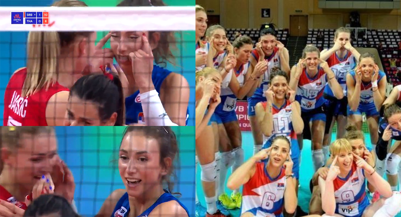 사진왼쪽 :  방송 화면 갈무리 / 사진 오른쪽 출처 : thaienquirer : 2017년 세르비아 팀 전체가 일본의 결승 진출 축하 메세지를 전달하는 과정에서 양쪽 눈을 찟는 제스처를 취하고 있다.