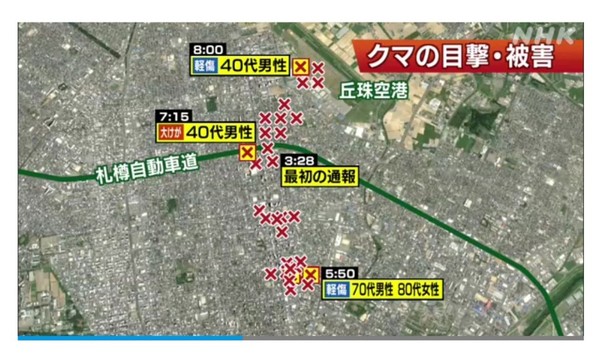  NHK 뉴스 캡쳐. 시간 별 곰 출현 위치와 피해 상황 @뉴스코리아 김경전 특파원