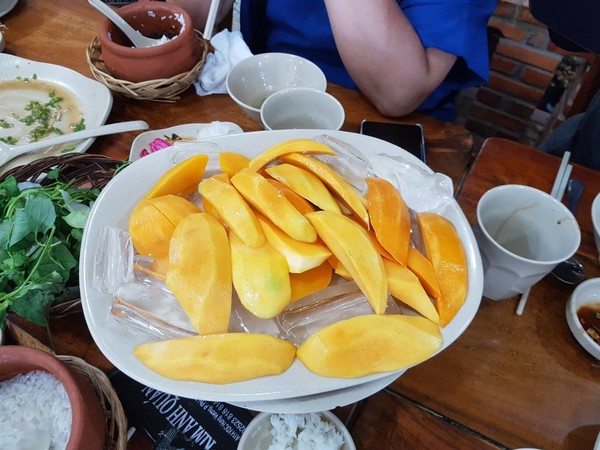 얼음 접시 위에 잘익은 망고를 잘라 시원하게 디져트로 먹으면 최고의 조합 @뉴스코리아 이웅연 특파원