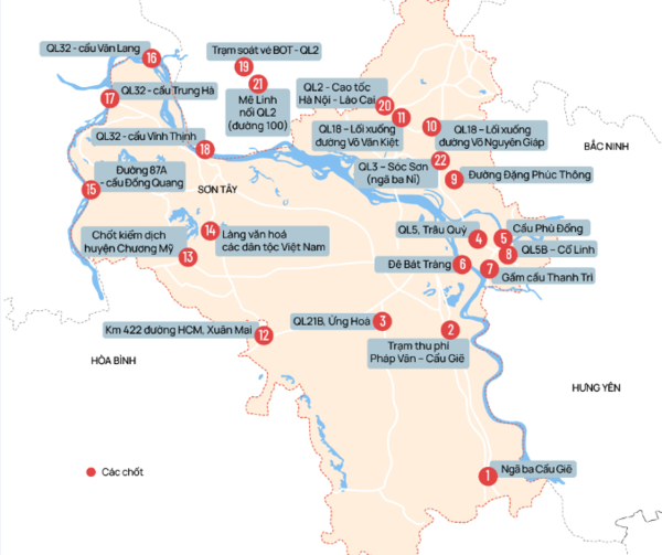 ﻿하노이로 들어오는 22개의 도로에 검문소가 설치, 통제 예정. 자료출처:VNEXPRESS