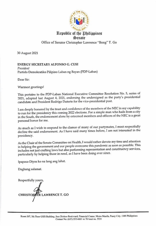 크리스토퍼 봉 고 상원의원은 금일 PDP-LABAN에 서한을 보내 대통령 선거 출마 거부 의사를 밝혔다.