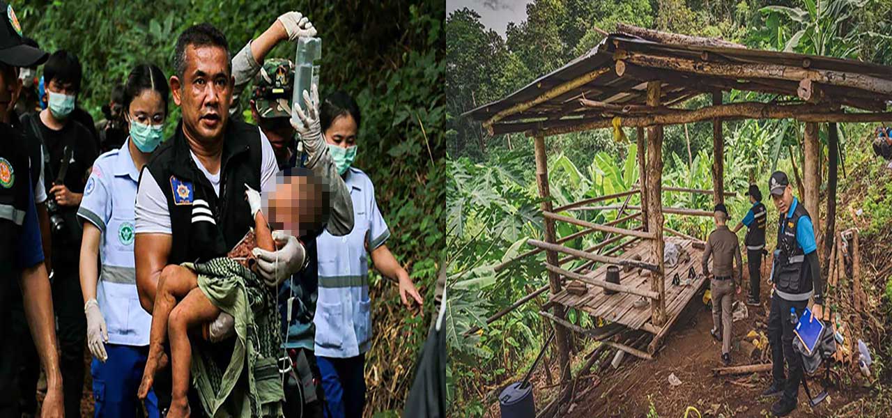 실종 3일만에 구조되어 산을 내려오고 있다.(왼쪽)  유괴 되었던 '지나'양이  발견된 장소(오른쪽)사진 : 태국 왕립 경찰 & The Mirror Foundation