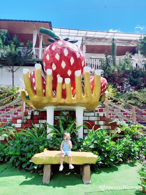 ​사진= 딸기 동상 앞에서 사진을 찍고 있는 아이 - @뉴스코리아 이재숭 특파원