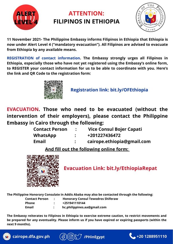 에티오피아에 내전이 심화되는 가운데 필리핀 정부가 에티오피아 거주 필리핀인에게 철수를 권고했다 @뉴스코리아 (사진:주이집트필리핀대사관)