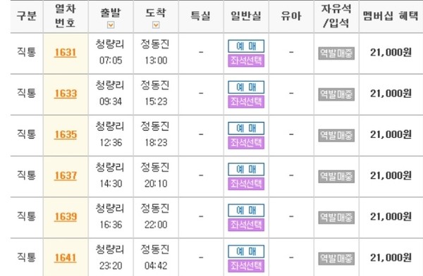 KTX가 개통하기 이전, 청량리역에서 정동진역까지 갈 수 있는 열차 시간표 @사진=코레일 제공
