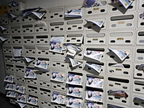 의정보고서 팸플릿들로 가득한 천안시 모 아파트 @독자제공