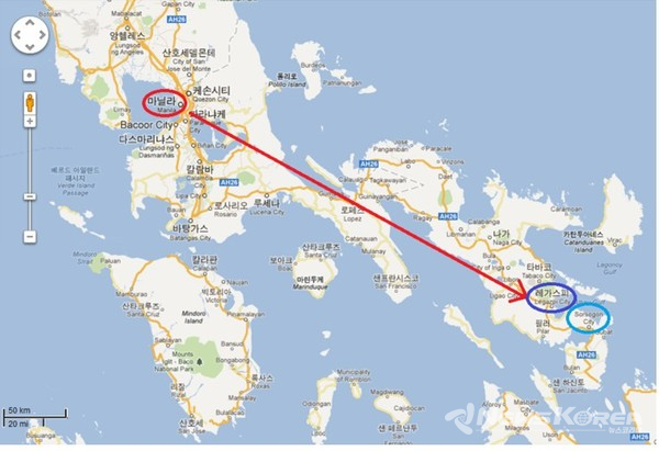 기자가 마닐라에서  루손섬의 끝까지 운전해서 이동 한 구간 @구글 지도 갈무리