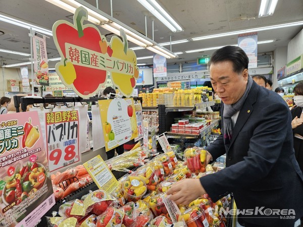 구복규 화순군수가 14일 동경 한국광장을 방문해 미니파프리카 판촉 행사에 참석했다. @화순군