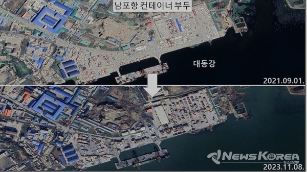 남포항 컨테이너 부두에서 코로나-19 방역․봉쇄 조치 완화 이후, 화물 야적량이 증가하였는데, 지난해 하반기에 북한의 해상 물류 교역 활동이 늘어난 것으로 판단된다. / 구글어스