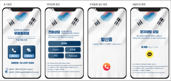 재외동포 365 민원콜센터 데이터통화 서비스 화면(예시)데이터통화(웹콜) 화면: https://webcall.g4k.go.kr 접속 후 통화, ※ wifi 미연결시 데이터요금이 부과될 수 있습니다. @재외동포청