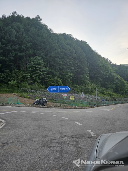 홍천에서 재를 하나 넘으니 두번째 재를 넘기 위해 물로리 방향으로 좌회전을 해야 한다. 직진하면 조교리다. @뉴스코리아 최신 기자