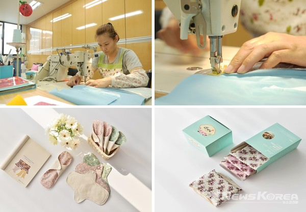 미인 김명화 대표 및 면 생리대 제품 사진 ⓒ수미인