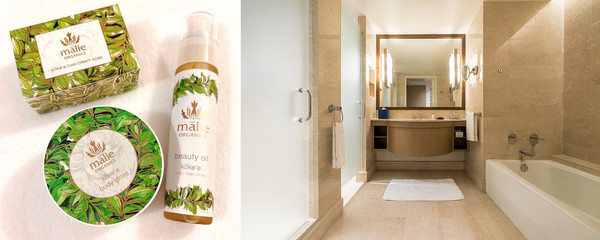 프린스 와이키키 호텔의 객실 내 편의용품은 하와이 카우아이 섬에서 제조된 유기농 브랜드 ‘말리에 오가닉스(Malie Organics)’ 제품을 사용하여 지속 가능한 관광을 실천하기 위해 다양한 노력을 기울이고 있다 @팜투어