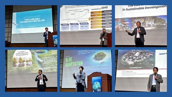 인도네시아 람풍대학교 SDGs 센터 우낭 물크한 자문, 필리핀 호셀리토 코스타스 대표, 박재아 태평양기후위기대응협의회 사무처장 등의 사례 발표 강연 모습 @조선대학교