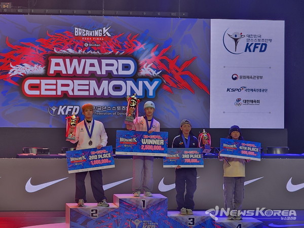 ▲도봉구청 브레이킹팀 소속 권성희 선수가 ‘2024년 브레이킹K 시리즈 파이널 대회에서 비걸 부분 우승을 차지한 뒤 트로피를 들어 보이고 있다(사진 왼쪽에서 두 번째 권성희 선수) @도봉구