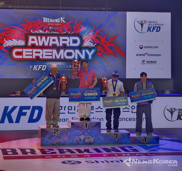▲도봉구청 브레이킹팀 소속 최정우 선수가 ‘2024년 브레이킹K 시리즈 파이널 대회에서 비보이 부문 준우승을 차지한 뒤 기념 사진을 촬영하고 있다(사진 왼쪽에서 첫 번째 최정우 선수) @도봉구
