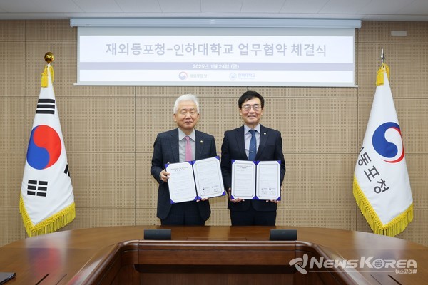 재외동포청 인하대학교 업무협약 체결식 사진 왼쪽 부탸 이상덕 재외동포청장 조명우 인하대 총장 @재외동포청