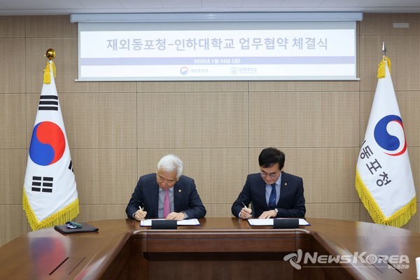 재외동포청 인하대학교 업무협약 체결식 사진 왼쪽 부탸 이상덕 재외동포청장 조명우 인하대 총장 @재외동포청