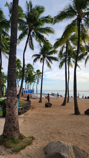 청정해변 와이키키는 세계 각국의 여행자들과 서퍼들이 즐겨 찾는 휴양지다. 미세먼지 하나 없는 푸른 하늘과 황금모래 사이에 젊음과 낭만의 상징, 서핑보드가 가지런히 놓여있다. @뉴스코리아 김무성 기자