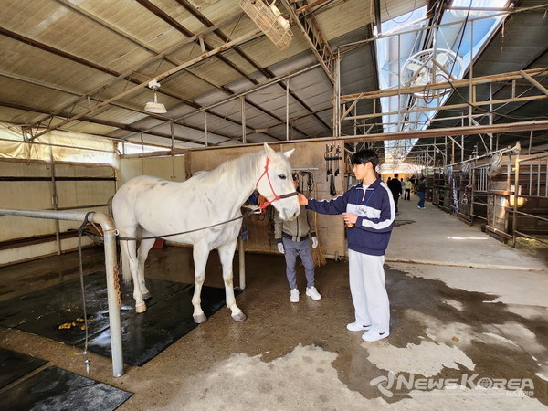 참여 학생들이 승마 체험을 하고 있다. @아산시