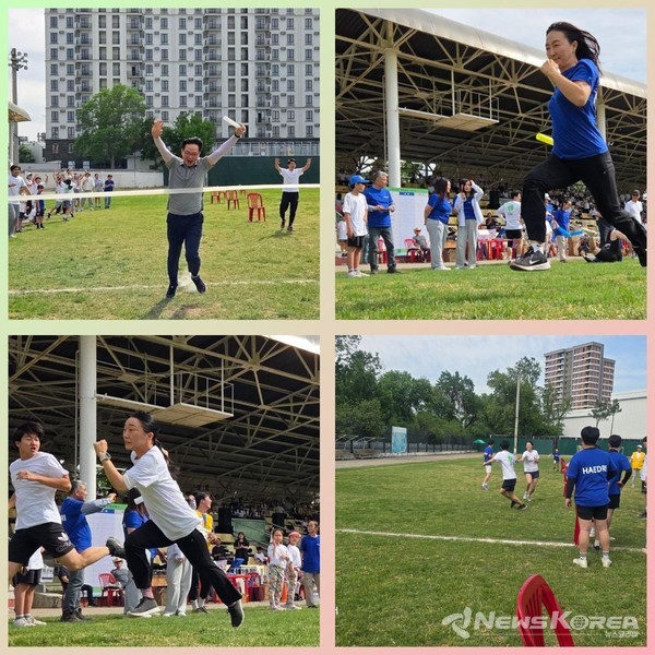 ▲백팀 마지막 주자가 2025 한인회 체육대회 릴레이 계주 결승선을 힘차게 통과하고 있다. @뉴스코리아 신현권 특파원