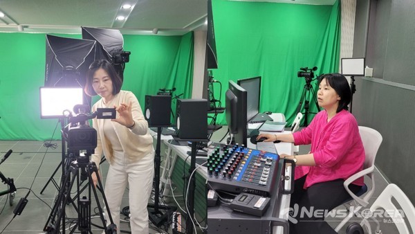 IWPG 강동지부 세계여성평화 네트워크 정기모임에 참가한 회원들이 스튜디오에서 프로필 촬영을 하고 있다. @IWPG