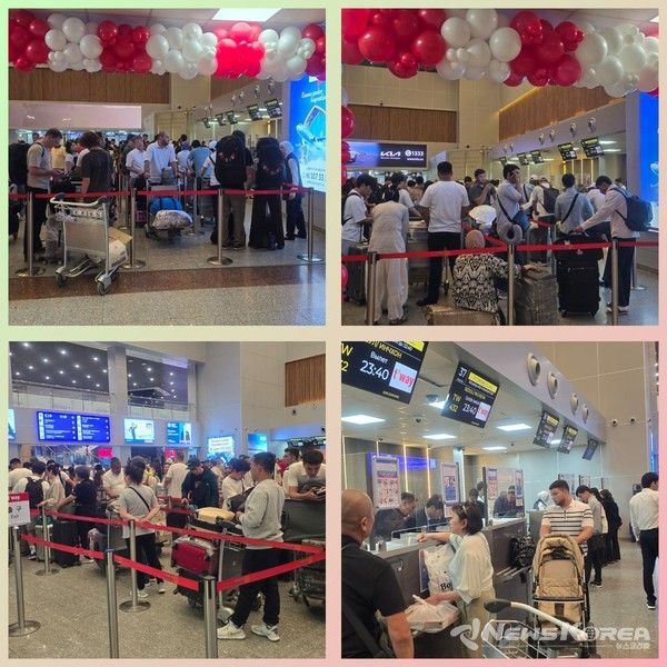 ▲티웨이항공 타슈켄트-인천 노선 첫 취항일, 타슈켄트 국제공항에는 탑승 수속을 위해 모인 수많은 승객들로 활기를 띠었다. @뉴스코리아 신현권 특파원