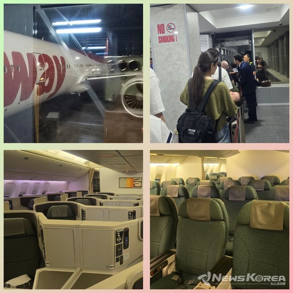 ▲티웨이항공이 인천-타슈켄트 노선 첫 취항에 대형기 B777-300ER을 투입하며, 공항 출발 현장부터 고급스러운 비즈니스석과 넉넉한 일반석까지 차별화된 기내 서비스를 선보였다. @뉴스코리아 신현권 특파원