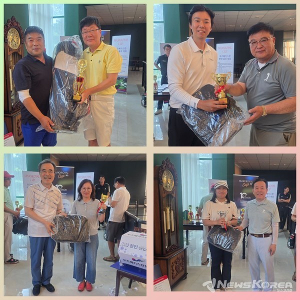  ▲시상식에서 각 부문 수상자들이 트로피와 상품을 수여받고 있다. 대회는 신페리오 방식으로 진행됐으며, 다양한 상품이 제공되어 참가자들의 큰 호응을 얻었다. @뉴스코리아 신현권 동포기자