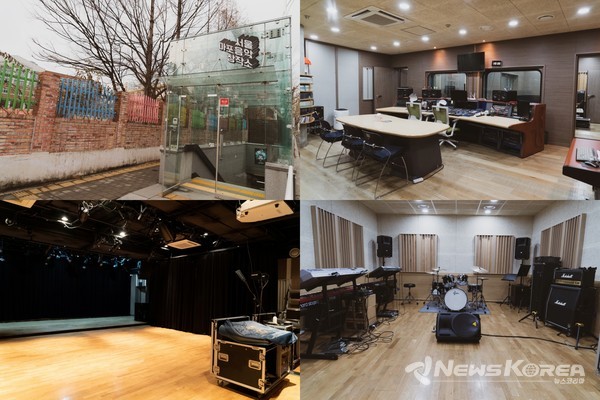 서울마포음악창작소 공간 사진. (시계방향으로) 입구, 스튜디오, 밴드연습실, 라이브홀 @마포문화재단