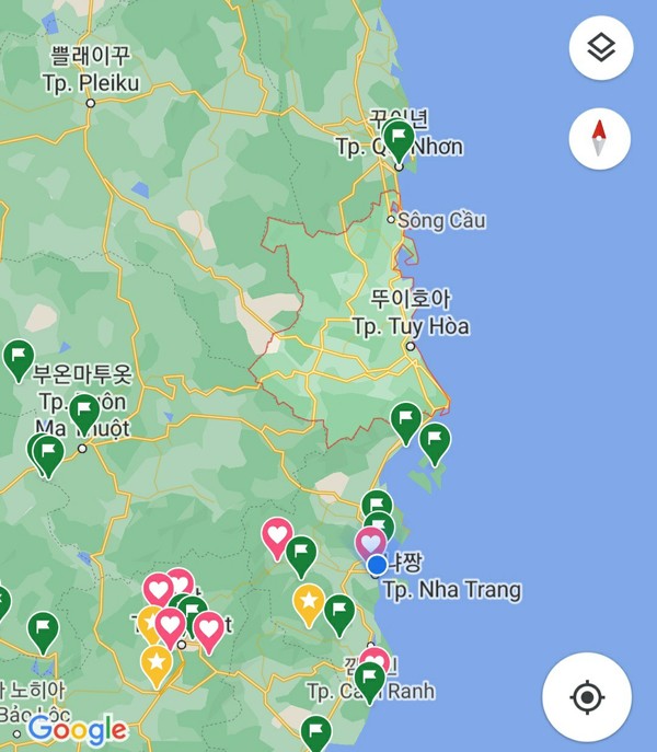 구글 지도의 빨간색 지역이 푸옌성이며, 뚜이호아가 대표 바닷가 휴양 도시입니다. @뉴스코리아 이웅연 특파원