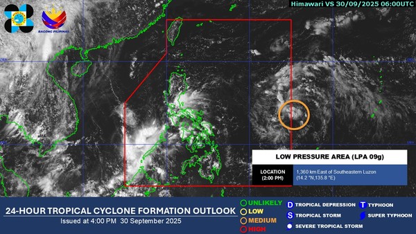필리핀 기상청(DOST-PAGASA)은 30일 오후 2시, 필리핀 관할 구역(PAR) 외부 해상에서 새로운 저기압 영역(LPA 09g)이 관측되고 있다고 밝혔다. @필리핀 기상청