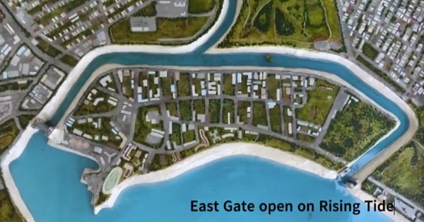 폴 신 대표의 아이디어인 '청정 알라 와이 운하(Blue Ala Wai Canal) 프로젝트'중 밀물 시 수문 운용방법.  @ 하와이 KITV 자료화면