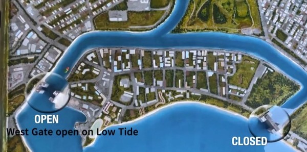 폴 신 대표의 아이디어인 '청정 알라 와이 운하(Blue Ala Wai Canal) 프로젝트'중 썰물 시 수문 운용방법. @하와이 KITV 자료화면