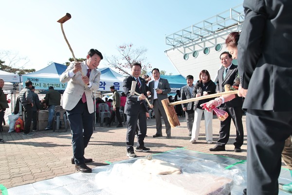 오성환 당진시장(왼쪽 두 번째)이 농업인들과 함께 떡메치기 체험을 하며 웃음을 나누고 있다. @당진시