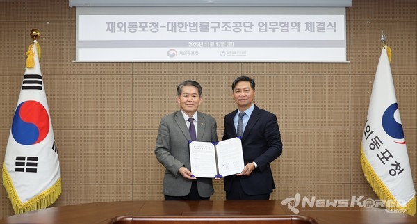 재외동포청-대한법률구조공단 업무협약 체결식(왼쪽부터 김경협 재외동포청장, 김영진 대한법률구조공단 이사장) @재외동포청